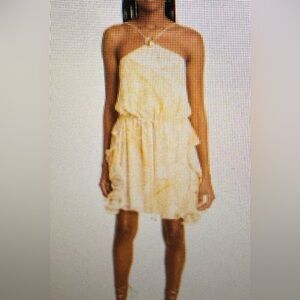 Alexis Asia Georgette Ruffle Bottom Halter Neck Golden Palms Mini Dress Size M
